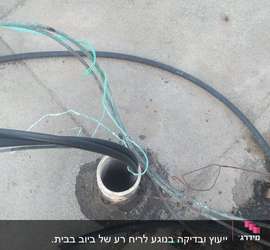 צינור שחור נכנס לתוך פתח ביוב על רצפה